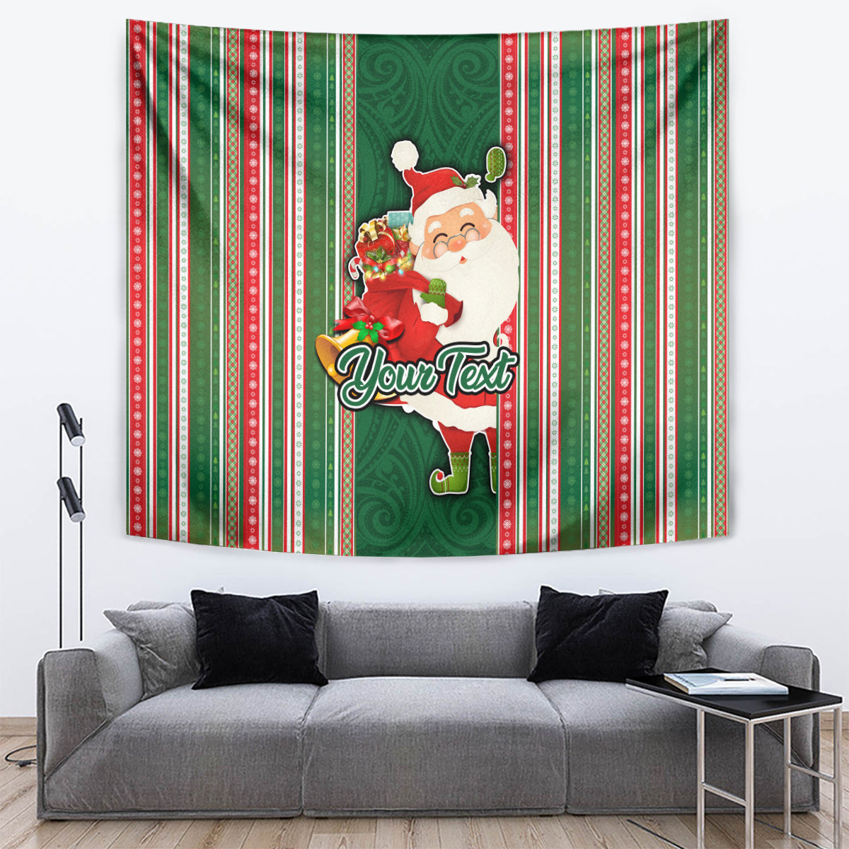 Custom Kiribati Christmas Tapestry Santa With Gift Bag Behind Ribbons Seamless Green Maori LT03 - Polynesian Pride
