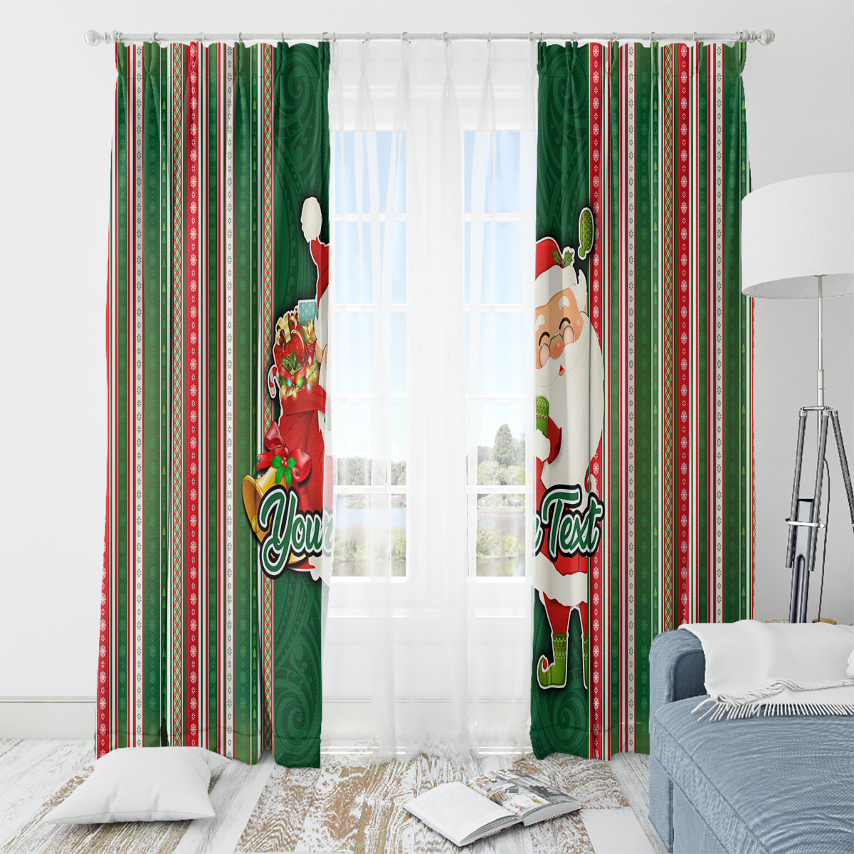 Custom Kiribati Christmas Window Curtain Santa With Gift Bag Behind Ribbons Seamless Green Maori LT03 - Polynesian Pride