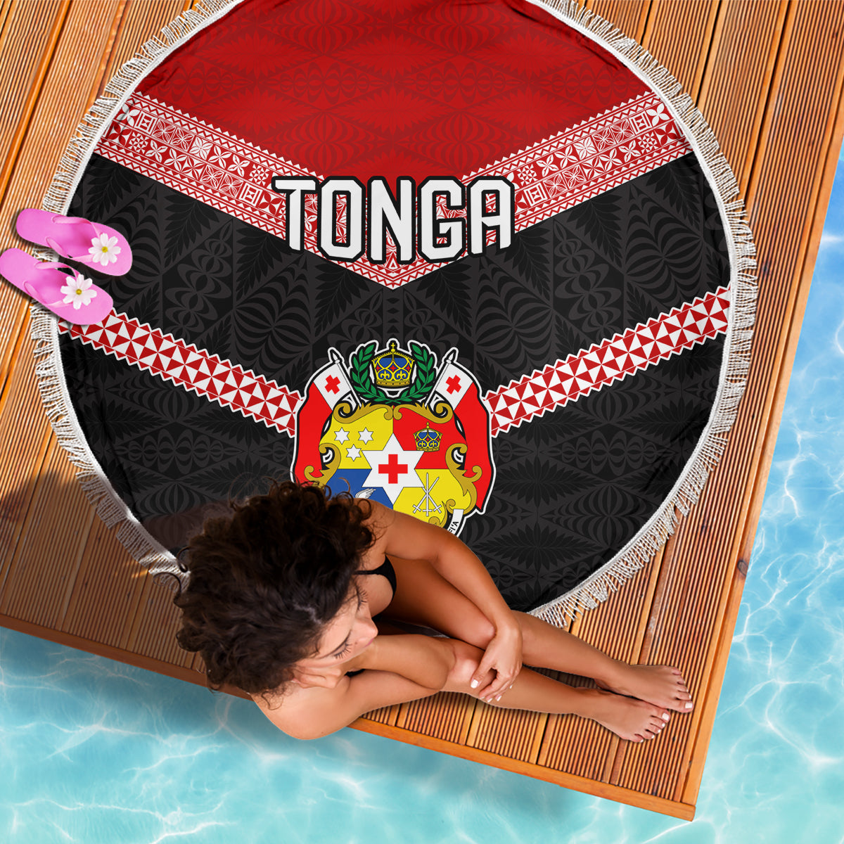 Tonga Beach Blanket Tonga Coat of Arms with Seamless Tapa Ngatu Pattern LT03 - Wonder Print Shop