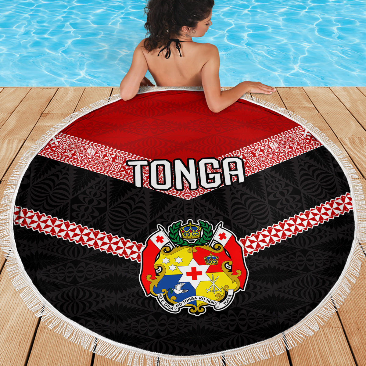 Tonga Beach Blanket Tonga Coat of Arms with Seamless Tapa Ngatu Pattern LT03 - Wonder Print Shop