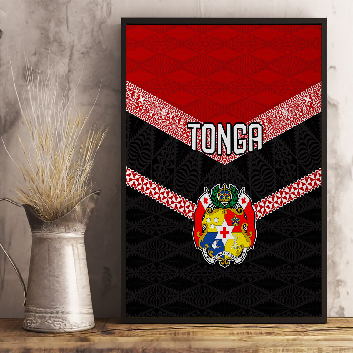 Tonga Canvas Wall Art Tonga Coat of Arms with Seamless Tapa Ngatu Pattern LT03 - Polynesian Pride