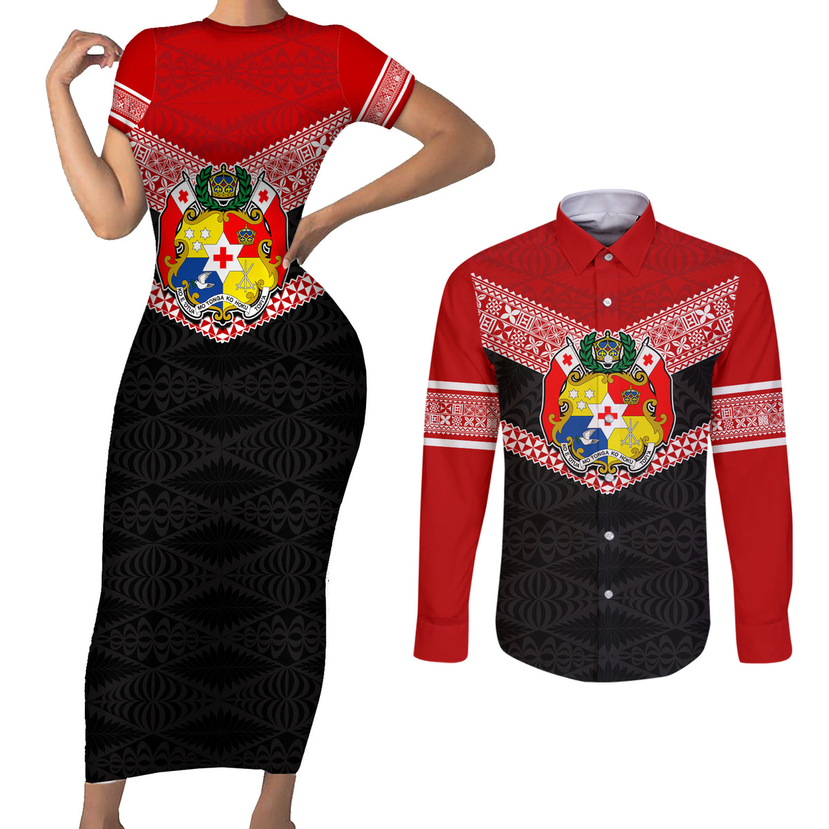 Tonga Couples Matching Short Sleeve Bodycon Dress and Long Sleeve Button Shirts Tonga Coat of Arms with Seamless Tapa Ngatu Pattern LT03 Black - Polynesian Pride