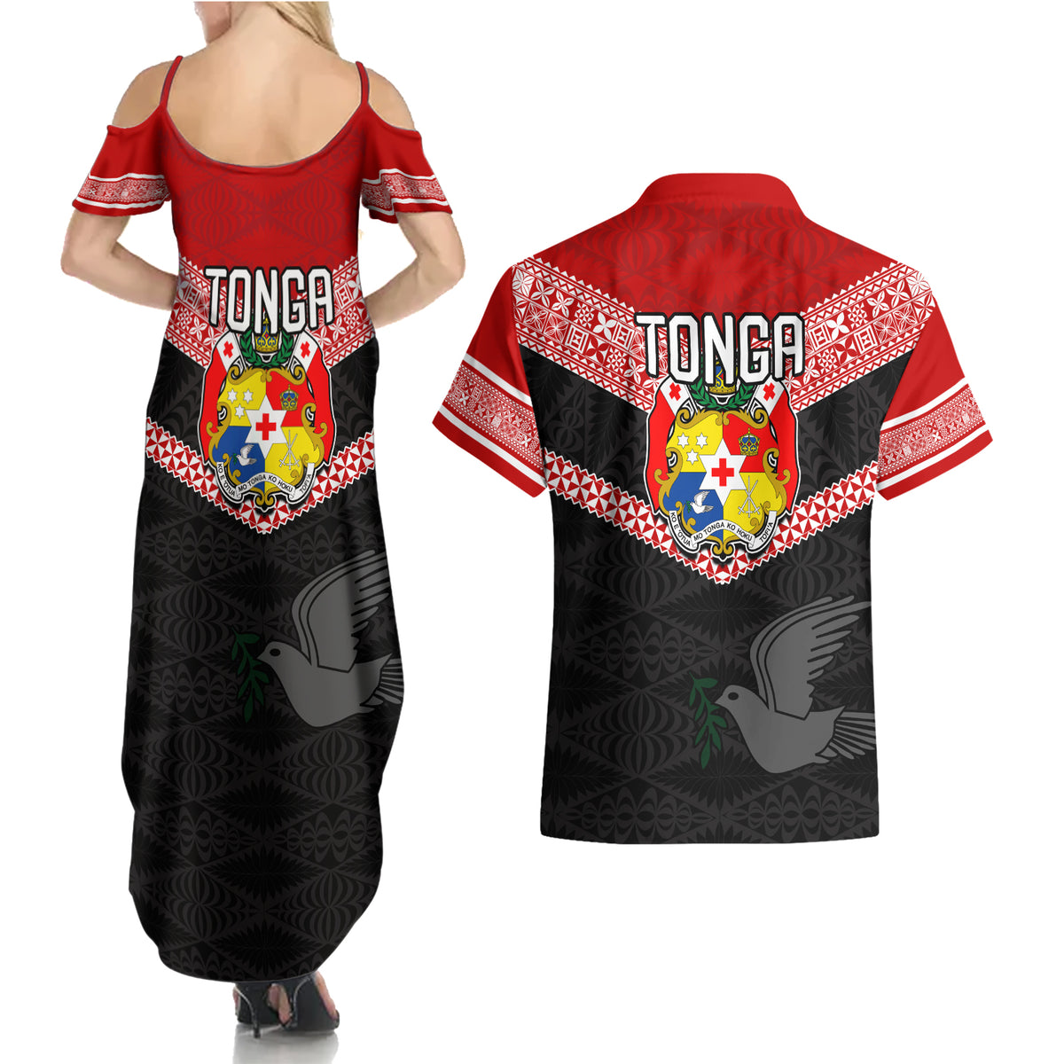 Tonga Couples Matching Summer Maxi Dress and Hawaiian Shirt Tonga Coat of Arms with Seamless Tapa Ngatu Pattern LT03 - Polynesian Pride