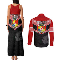 Tonga Couples Matching Tank Maxi Dress and Long Sleeve Button Shirts Tonga Coat of Arms with Seamless Tapa Ngatu Pattern LT03 - Polynesian Pride