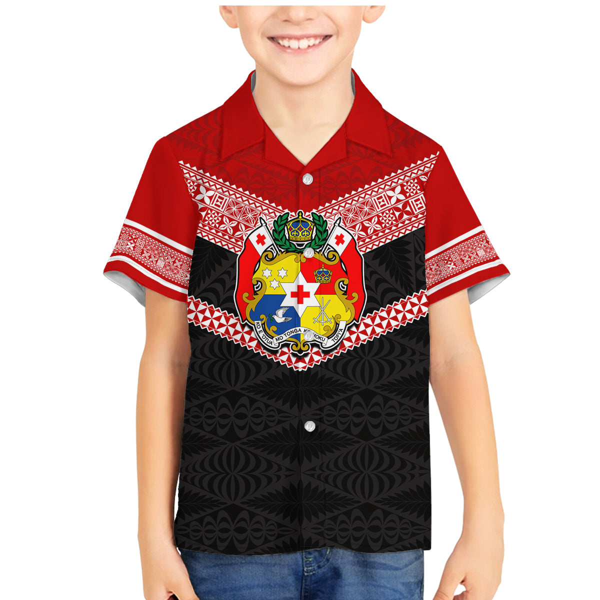 Tonga Family Matching Mermaid Dress and Hawaiian Shirt Tonga Coat of Arms with Seamless Tapa Ngatu Pattern LT03 Son's Shirt Black - Polynesian Pride
