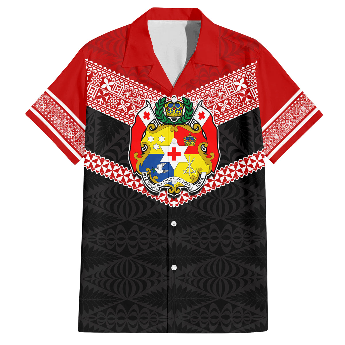 Tonga Family Matching Off Shoulder Long Sleeve Dress and Hawaiian Shirt Tonga Coat of Arms with Seamless Tapa Ngatu Pattern LT03 Dad's Shirt - Short Sleeve Black - Polynesian Pride