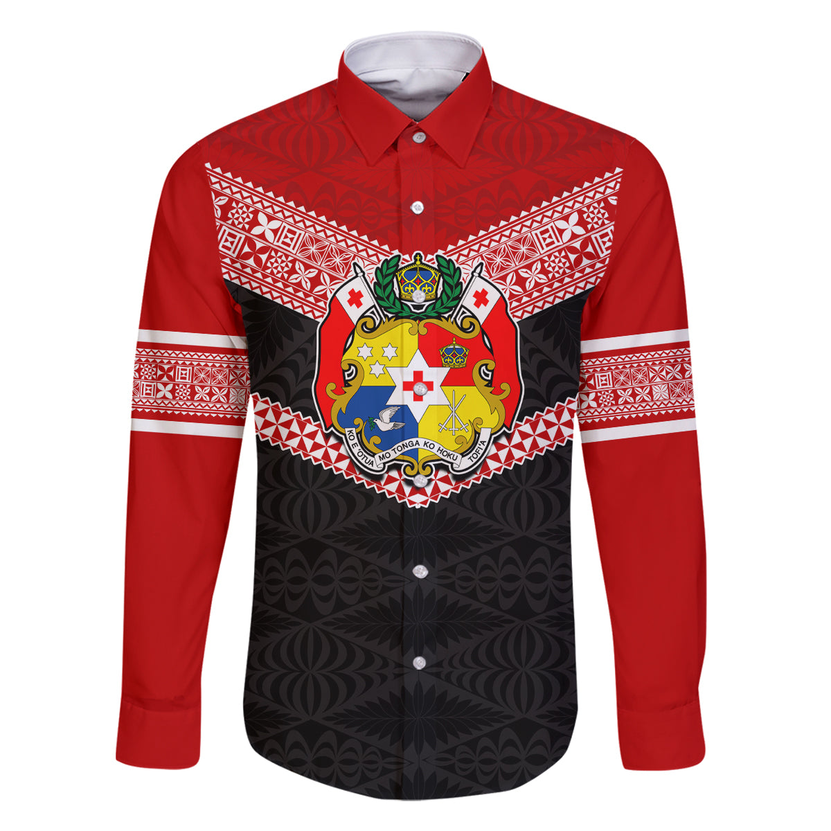 Tonga Family Matching Off Shoulder Long Sleeve Dress and Hawaiian Shirt Tonga Coat of Arms with Seamless Tapa Ngatu Pattern LT03 Dad's Shirt - Long Sleeve Black - Polynesian Pride