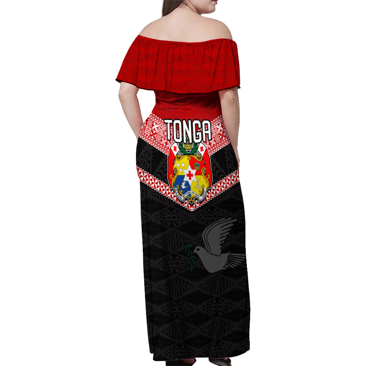 Tonga Family Matching Off Shoulder Maxi Dress and Hawaiian Shirt Tonga Coat of Arms with Seamless Tapa Ngatu Pattern LT03 - Polynesian Pride