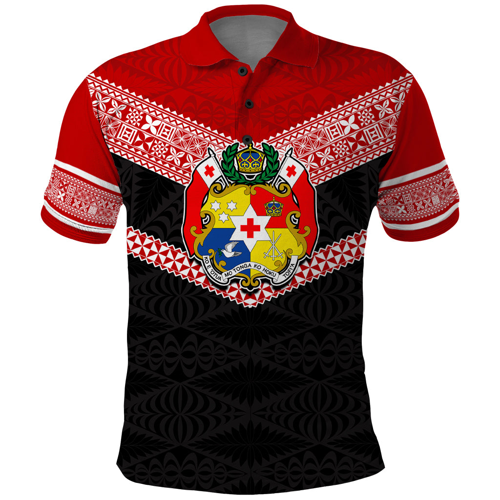 Tonga Polo Shirt Tonga Coat of Arms with Seamless Tapa Ngatu Pattern LT03 Black - Polynesian Pride