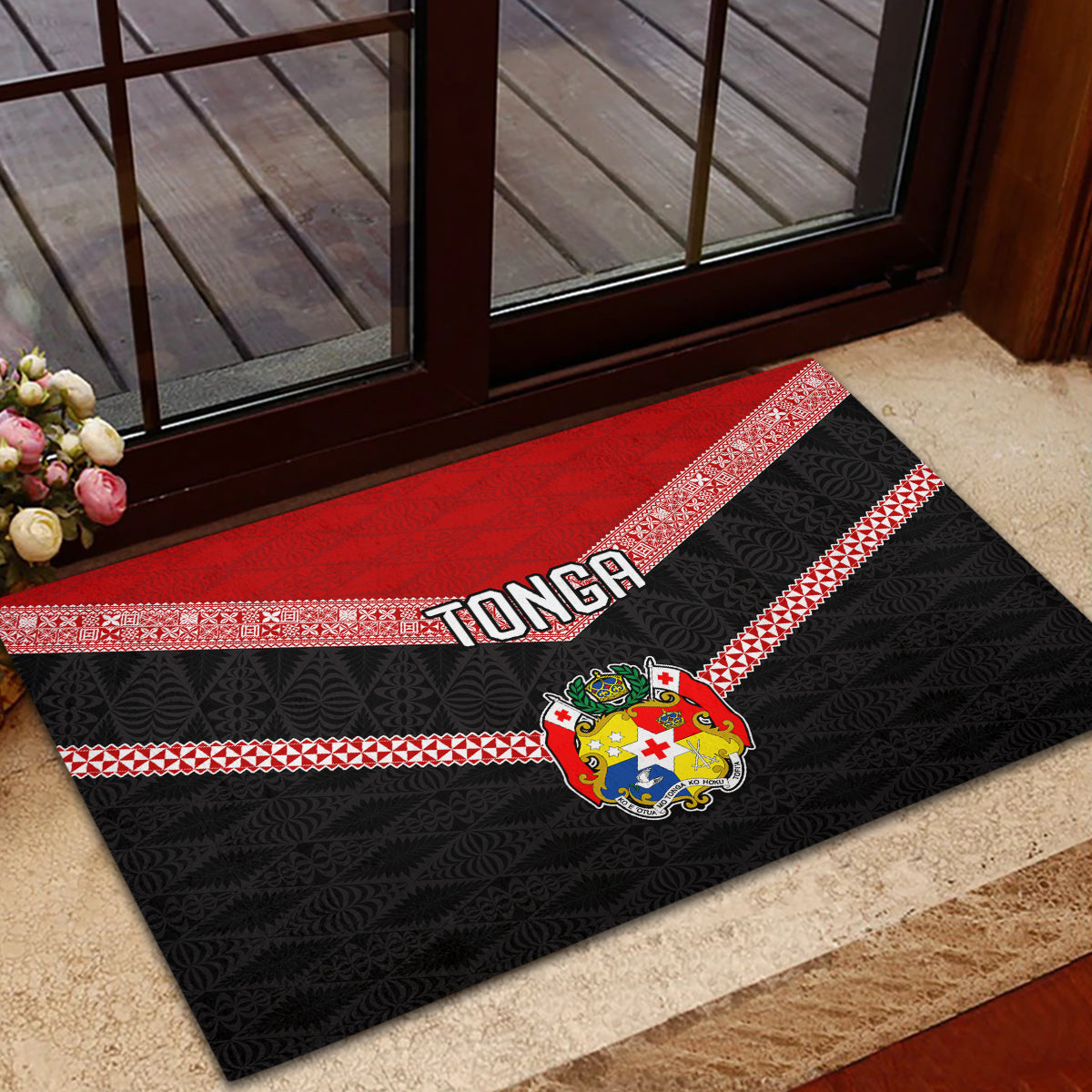 Tonga Rubber Doormat Tonga Coat of Arms with Seamless Tapa Ngatu Pattern LT03 - Polynesian Pride