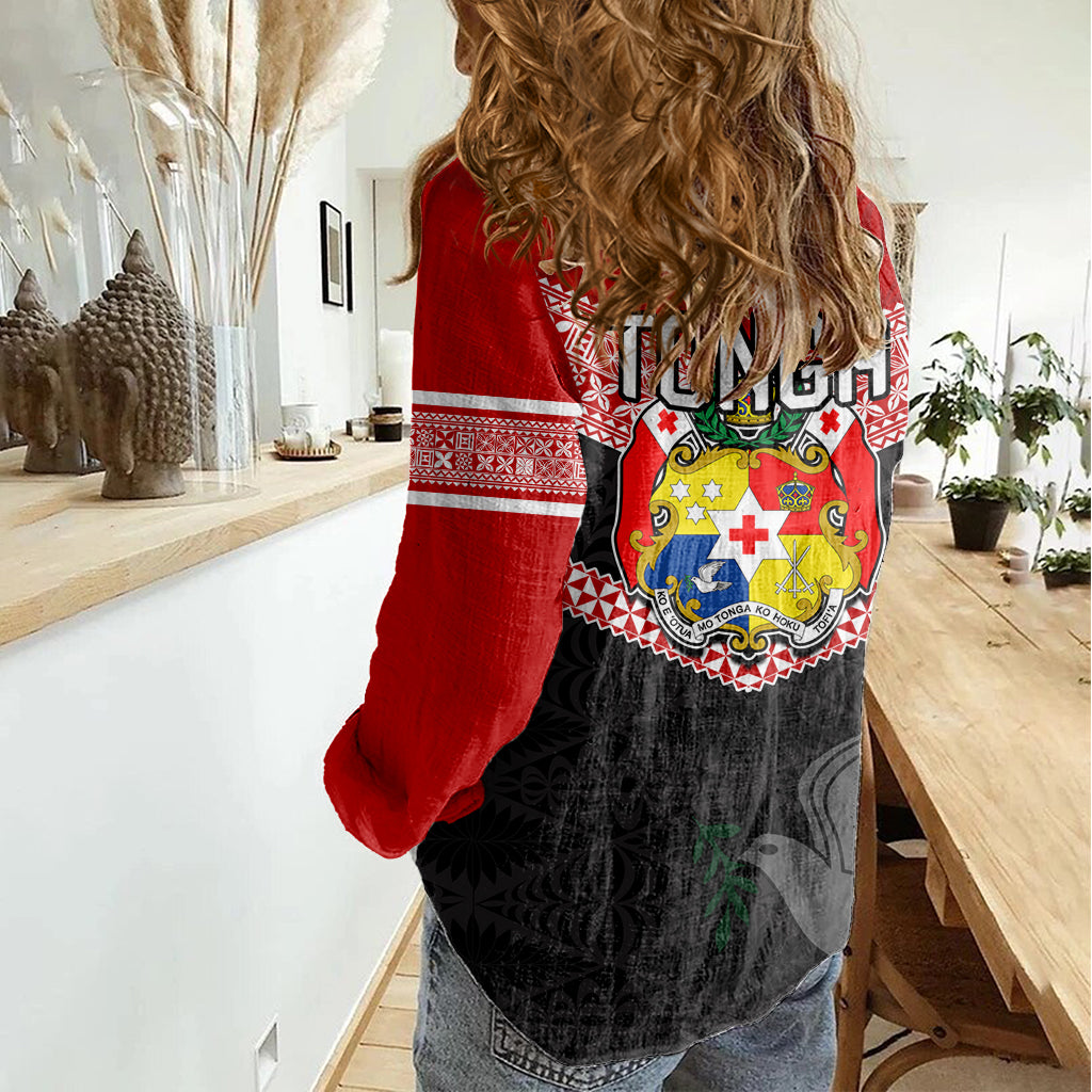 Tonga Women Casual Shirt Tonga Coat of Arms with Seamless Tapa Ngatu Pattern LT03 - Polynesian Pride