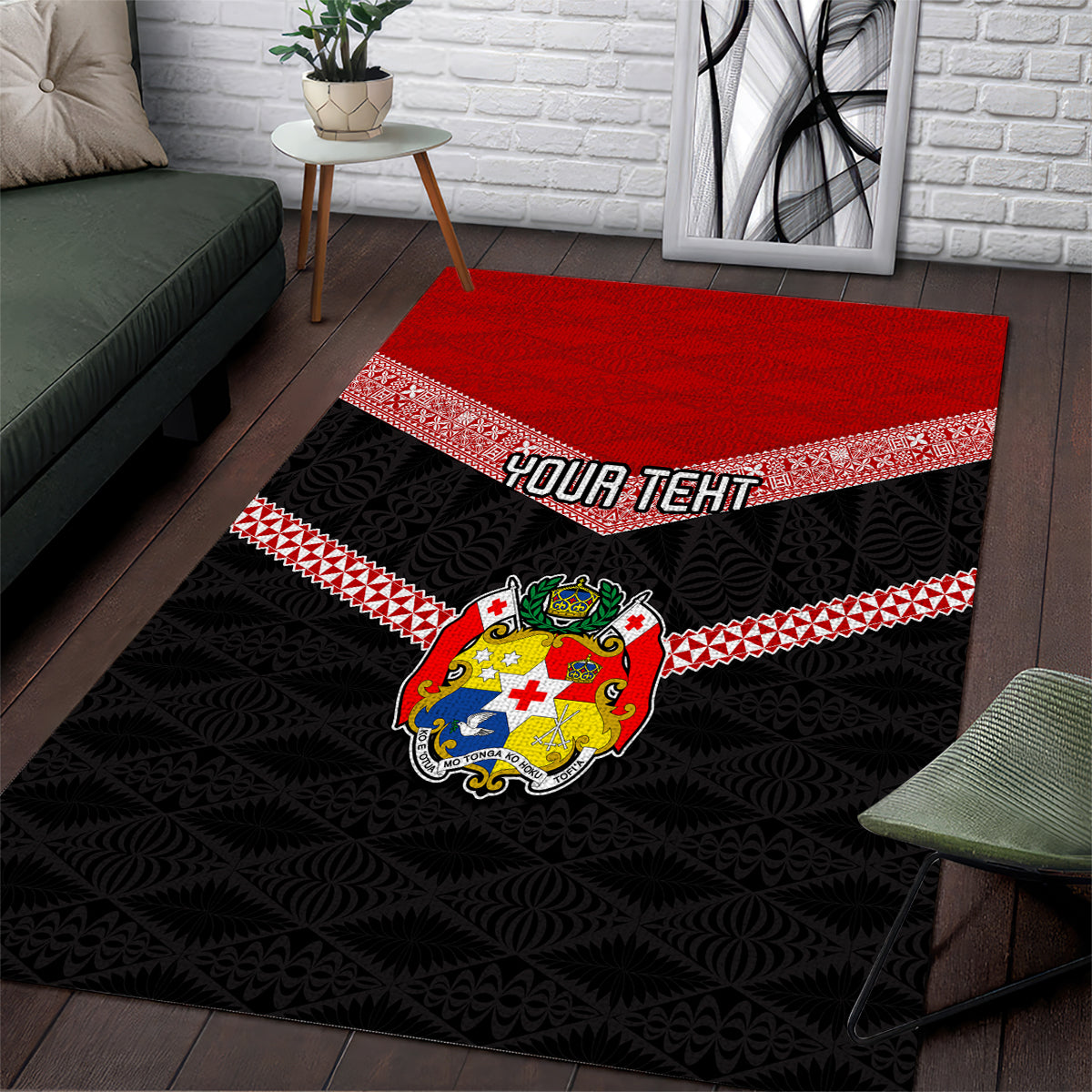 Personalised Tonga Area Rug Tonga Coat of Arms with Seamless Tapa Ngatu Pattern LT03 Black - Polynesian Pride