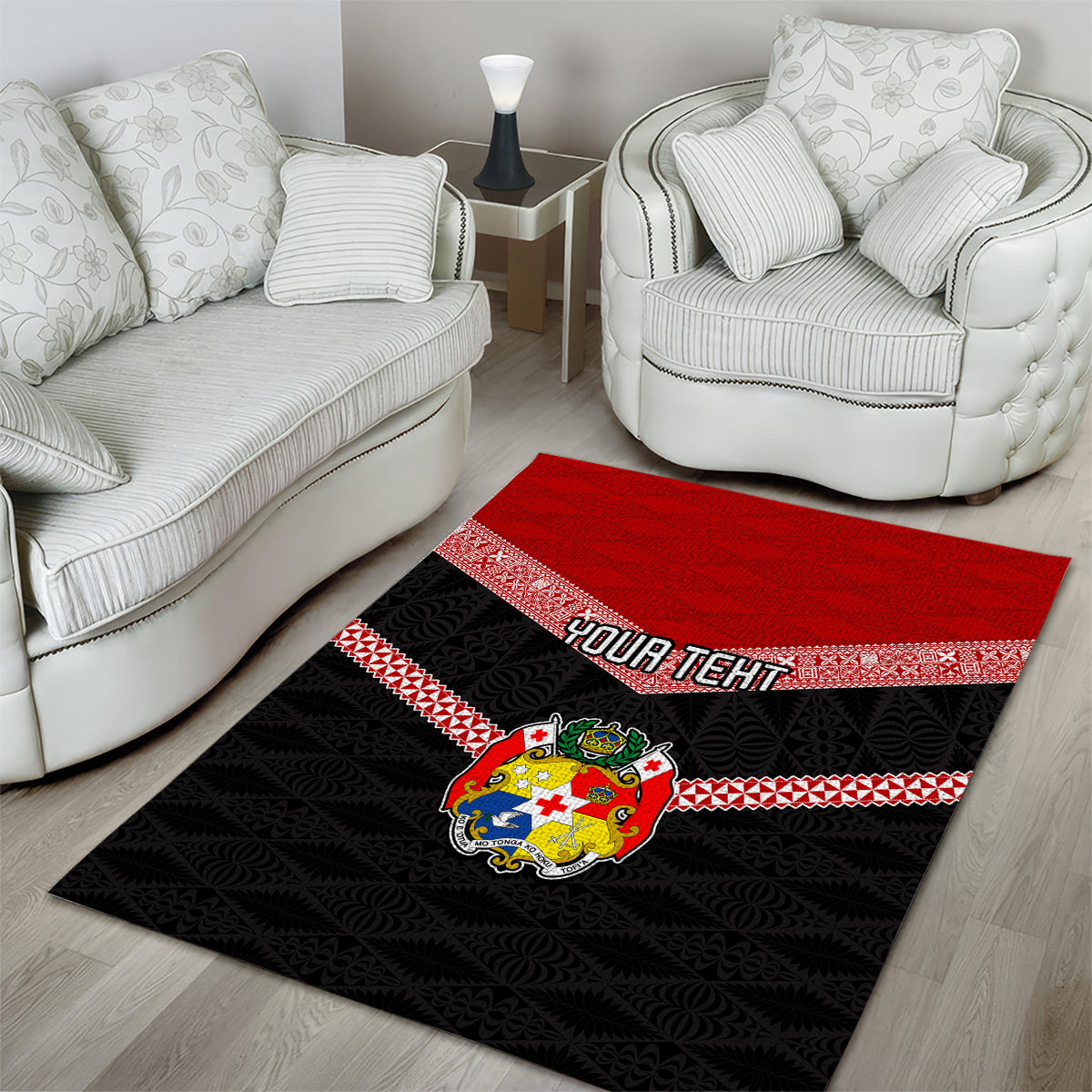 Personalised Tonga Area Rug Tonga Coat of Arms with Seamless Tapa Ngatu Pattern LT03 - Polynesian Pride
