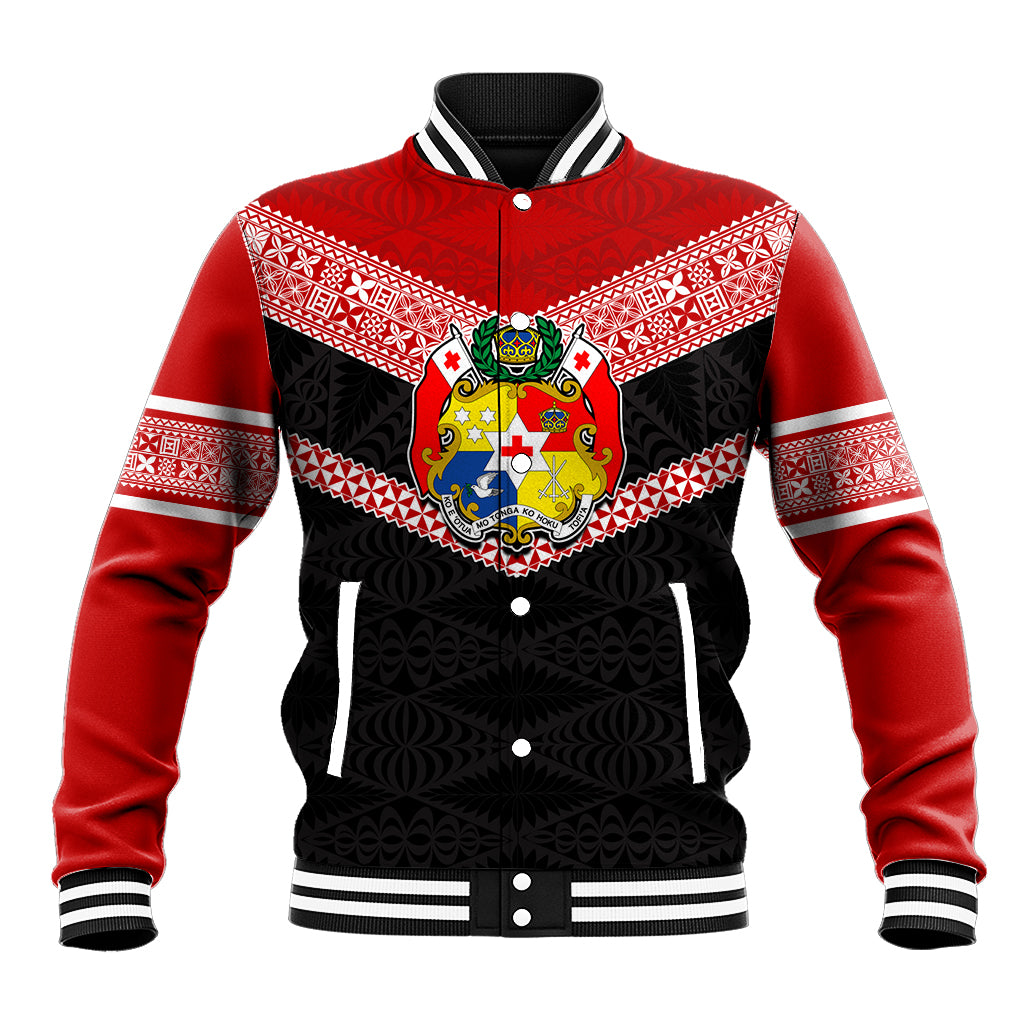 Personalised Tonga Baseball Jacket Tonga Coat of Arms with Seamless Tapa Ngatu Pattern LT03 Unisex Black - Polynesian Pride