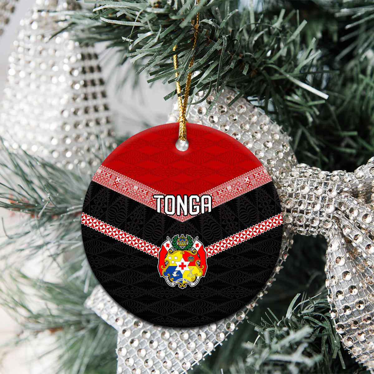 Personalised Tonga Ceramic Ornament Tonga Coat of Arms with Seamless Tapa Ngatu Pattern LT03 - Polynesian Pride
