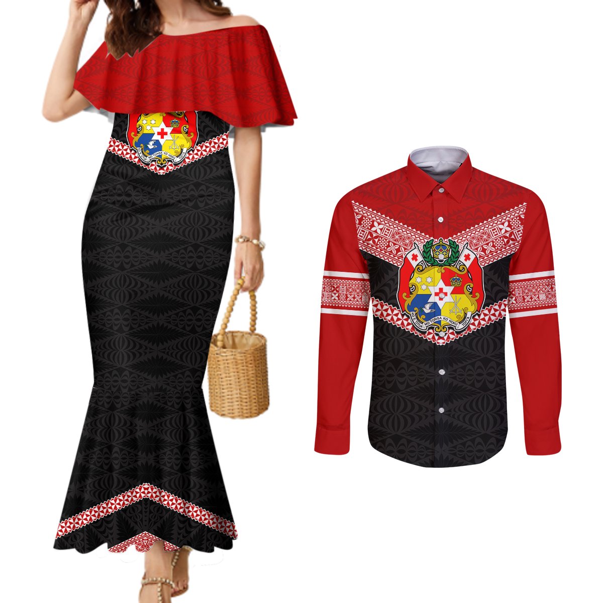 Personalised Tonga Couples Matching Mermaid Dress and Long Sleeve Button Shirts Tonga Coat of Arms with Seamless Tapa Ngatu Pattern LT03 Black - Polynesian Pride