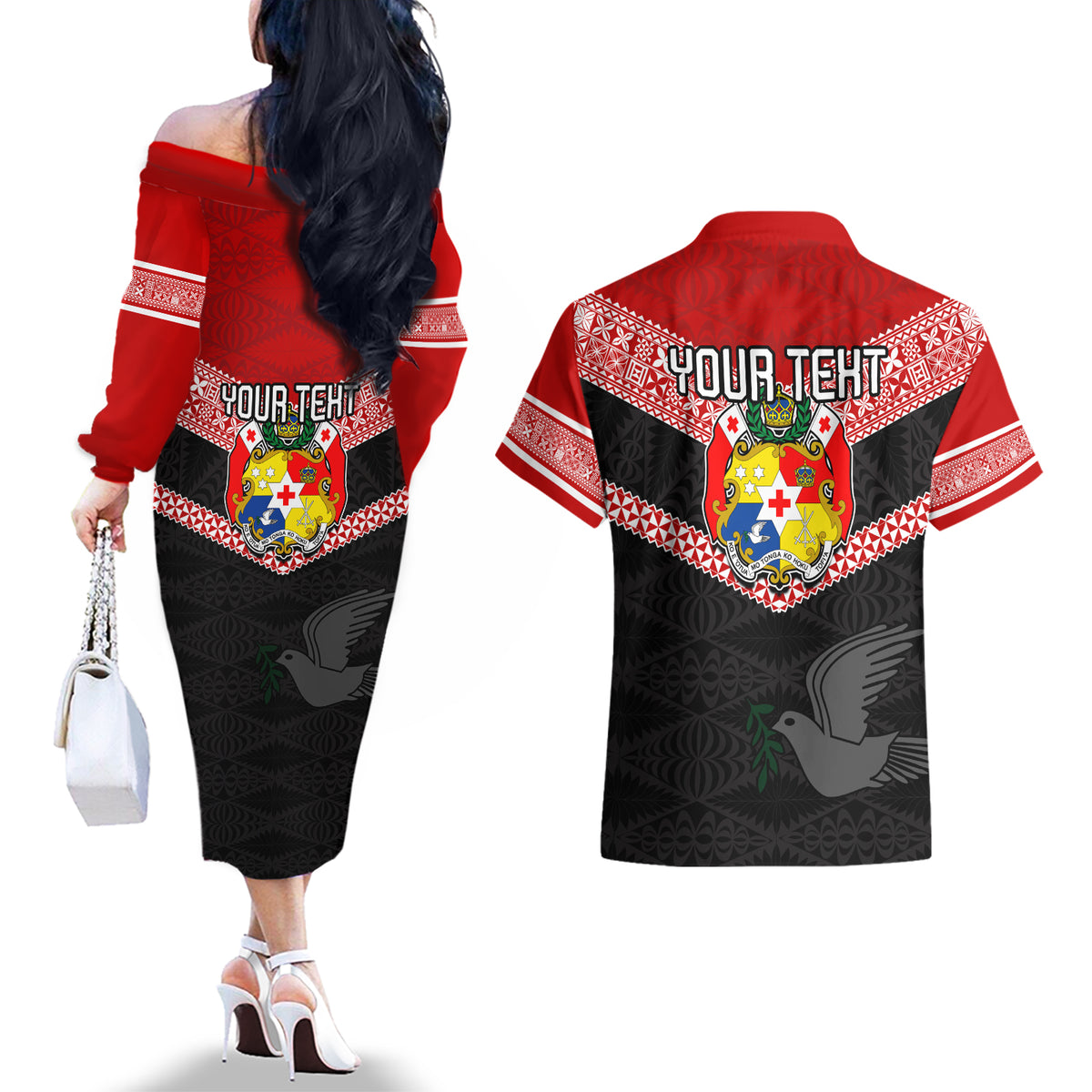 Personalised Tonga Couples Matching Off The Shoulder Long Sleeve Dress and Hawaiian Shirt Tonga Coat of Arms with Seamless Tapa Ngatu Pattern LT03 - Polynesian Pride