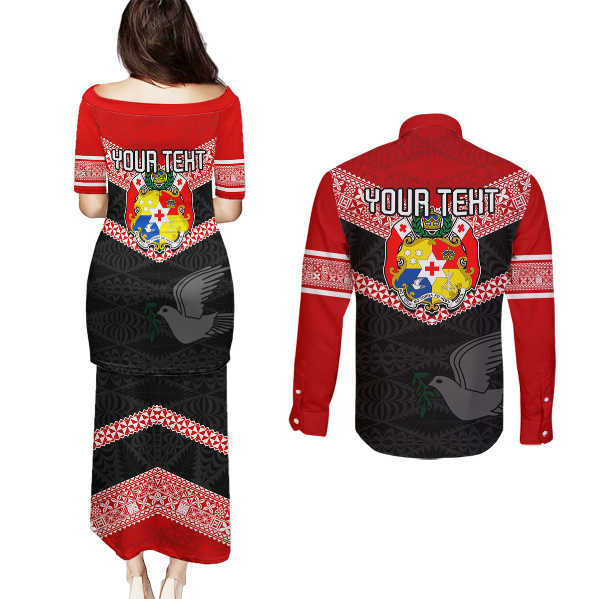 Personalised Tonga Couples Matching Puletasi Dress and Long Sleeve Button Shirts Tonga Coat of Arms with Seamless Tapa Ngatu Pattern LT03 - Polynesian Pride