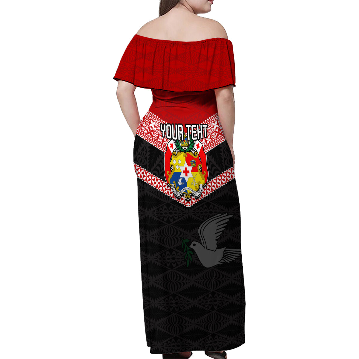 Personalised Tonga Family Matching Off Shoulder Maxi Dress and Hawaiian Shirt Tonga Coat of Arms with Seamless Tapa Ngatu Pattern LT03 - Polynesian Pride