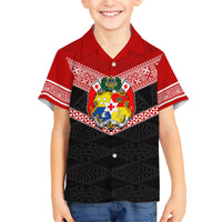 Personalised Tonga Kid Hawaiian Shirt Tonga Coat of Arms with Seamless Tapa Ngatu Pattern LT03 Kid Black - Polynesian Pride
