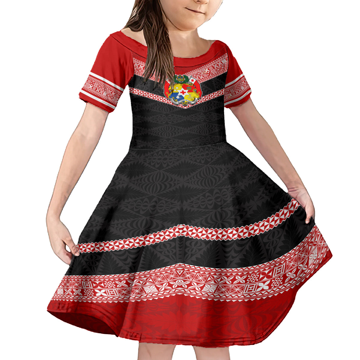 Personalised Tonga Kid Short Sleeve Dress Tonga Coat of Arms with Seamless Tapa Ngatu Pattern LT03 KID Black - Polynesian Pride