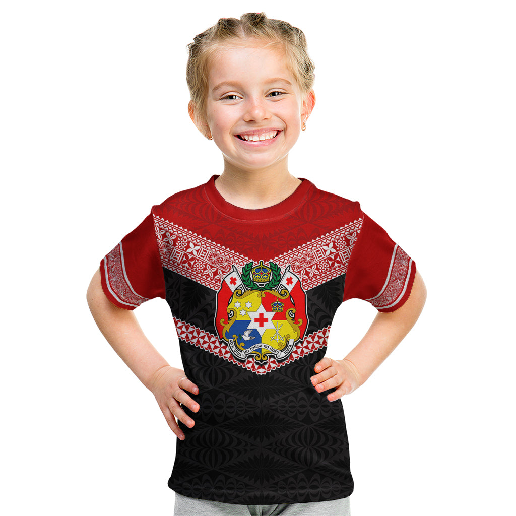 Personalised Tonga Kid T Shirt Tonga Coat of Arms with Seamless Tapa Ngatu Pattern LT03 Black - Polynesian Pride