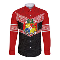 Personalised Tonga Long Sleeve Button Shirt Tonga Coat of Arms with Seamless Tapa Ngatu Pattern LT03 Unisex Black - Polynesian Pride