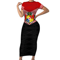 Personalised Tonga Short Sleeve Bodycon Dress Tonga Coat of Arms with Seamless Tapa Ngatu Pattern LT03 Long Dress Black - Polynesian Pride