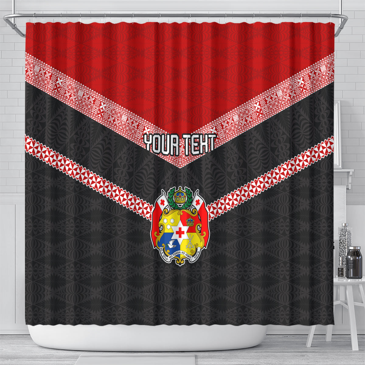 Personalised Tonga Shower Curtain Tonga Coat of Arms with Seamless Tapa Ngatu Pattern LT03 - Polynesian Pride