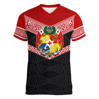 Personalised Tonga Women V Neck T Shirt Tonga Coat of Arms with Seamless Tapa Ngatu Pattern LT03 Female Black - Polynesian Pride