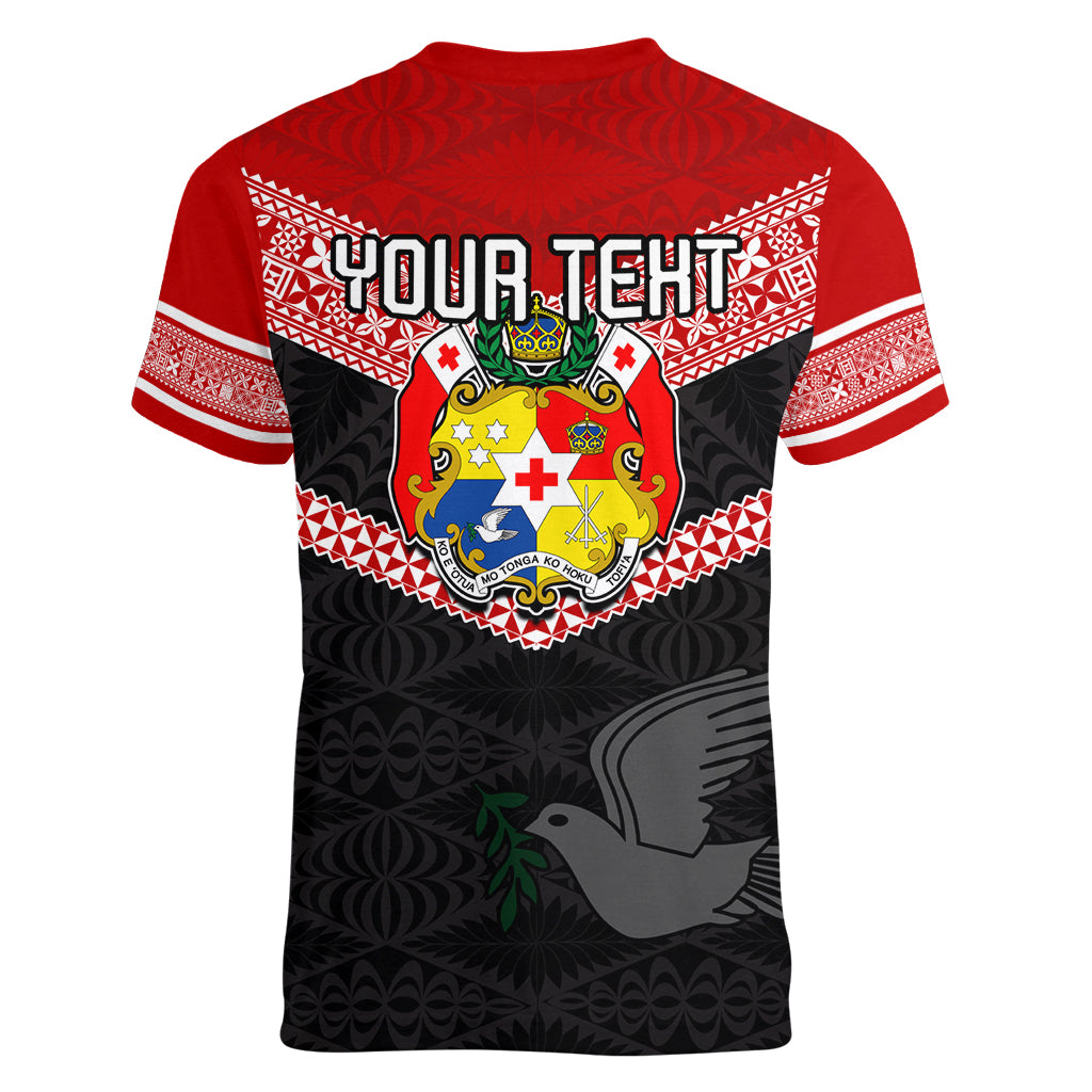 Personalised Tonga Women V Neck T Shirt Tonga Coat of Arms with Seamless Tapa Ngatu Pattern LT03 - Polynesian Pride