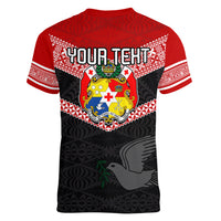 Personalised Tonga Women V Neck T Shirt Tonga Coat of Arms with Seamless Tapa Ngatu Pattern LT03 - Polynesian Pride