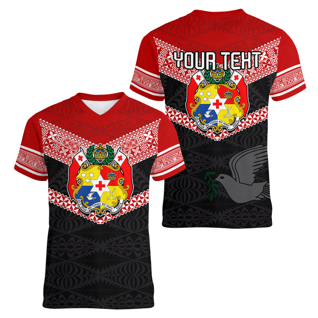 Personalised Tonga Women V Neck T Shirt Tonga Coat of Arms with Seamless Tapa Ngatu Pattern LT03 - Polynesian Pride