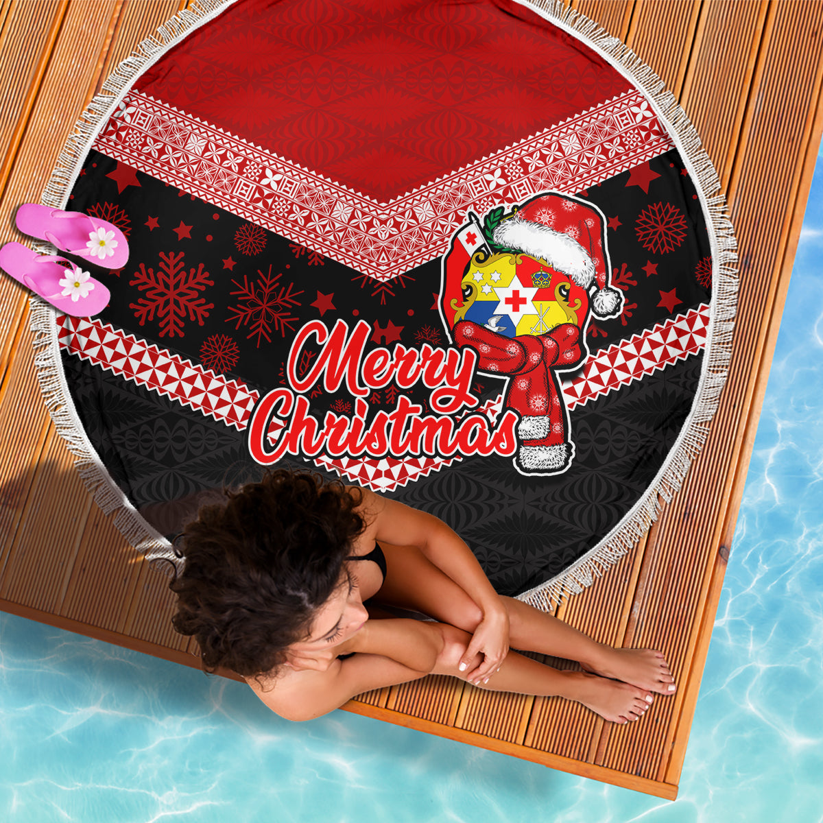 Tonga Christmas Beach Blanket Tongan Coat of Arms Santa With Ngatu Pattern Christmas Red Style LT03 - Wonder Print Shop