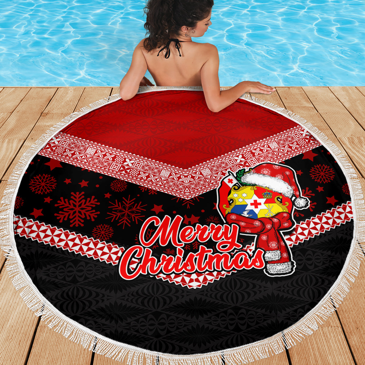Tonga Christmas Beach Blanket Tongan Coat of Arms Santa With Ngatu Pattern Christmas Red Style LT03 - Wonder Print Shop