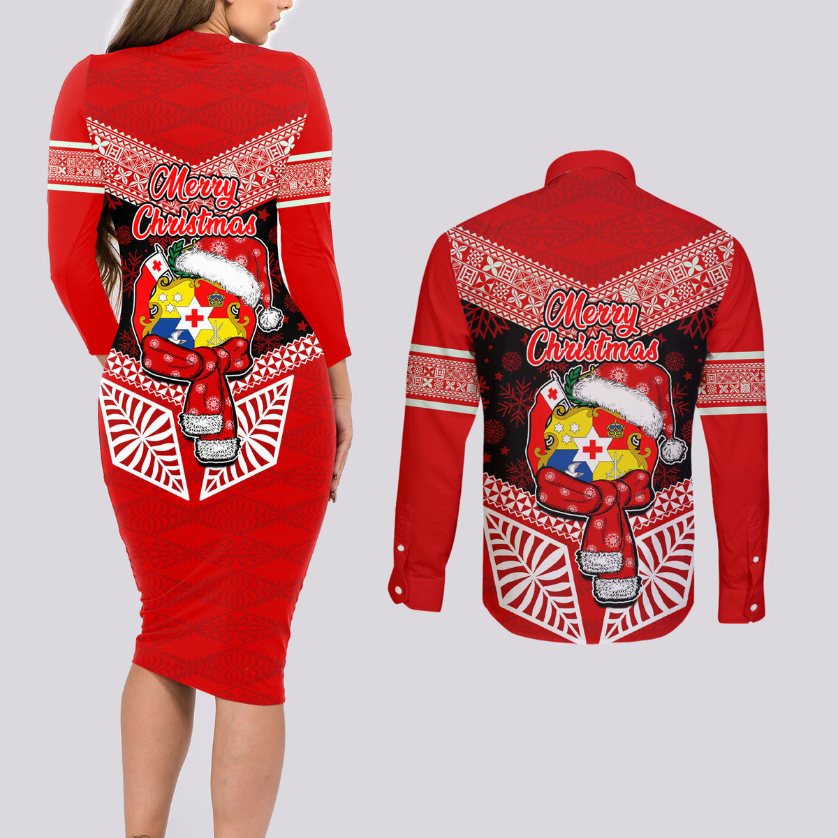 Tonga Christmas Couples Matching Long Sleeve Bodycon Dress and Long Sleeve Button Shirts Tongan Coat of Arms Santa With Ngatu Pattern Christmas Red Style LT03 - Polynesian Pride