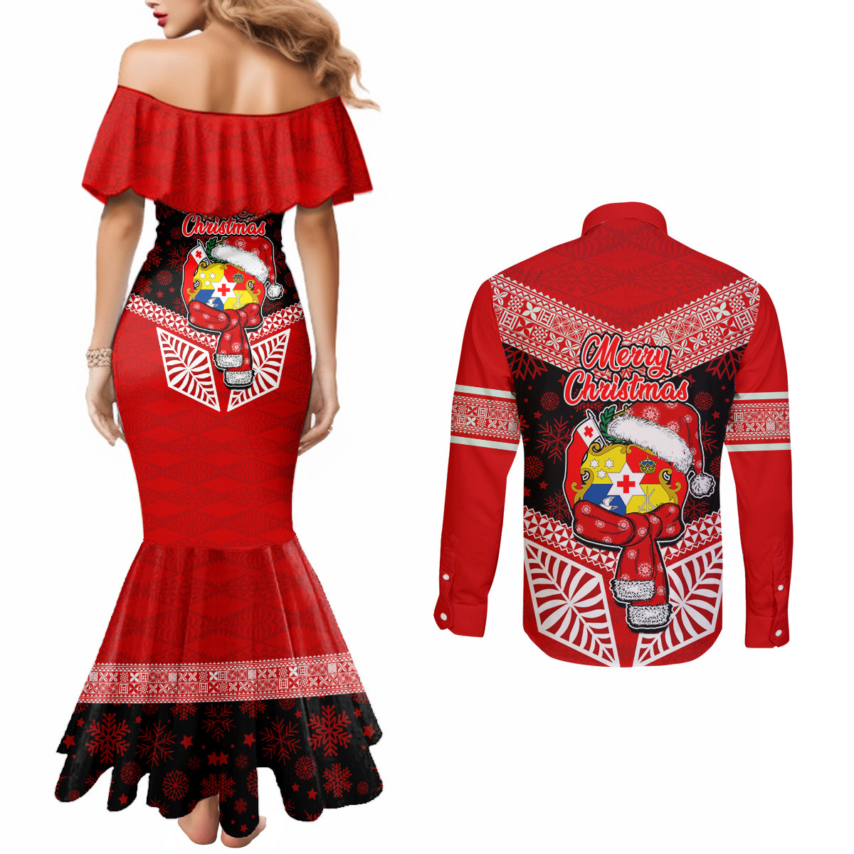 Tonga Christmas Couples Matching Mermaid Dress and Long Sleeve Button Shirts Tongan Coat of Arms Santa With Ngatu Pattern Christmas Red Style LT03 - Polynesian Pride