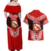 Tonga Christmas Couples Matching Off Shoulder Maxi Dress and Hawaiian Shirt Tongan Coat of Arms Santa With Ngatu Pattern Christmas Red Style LT03 - Polynesian Pride