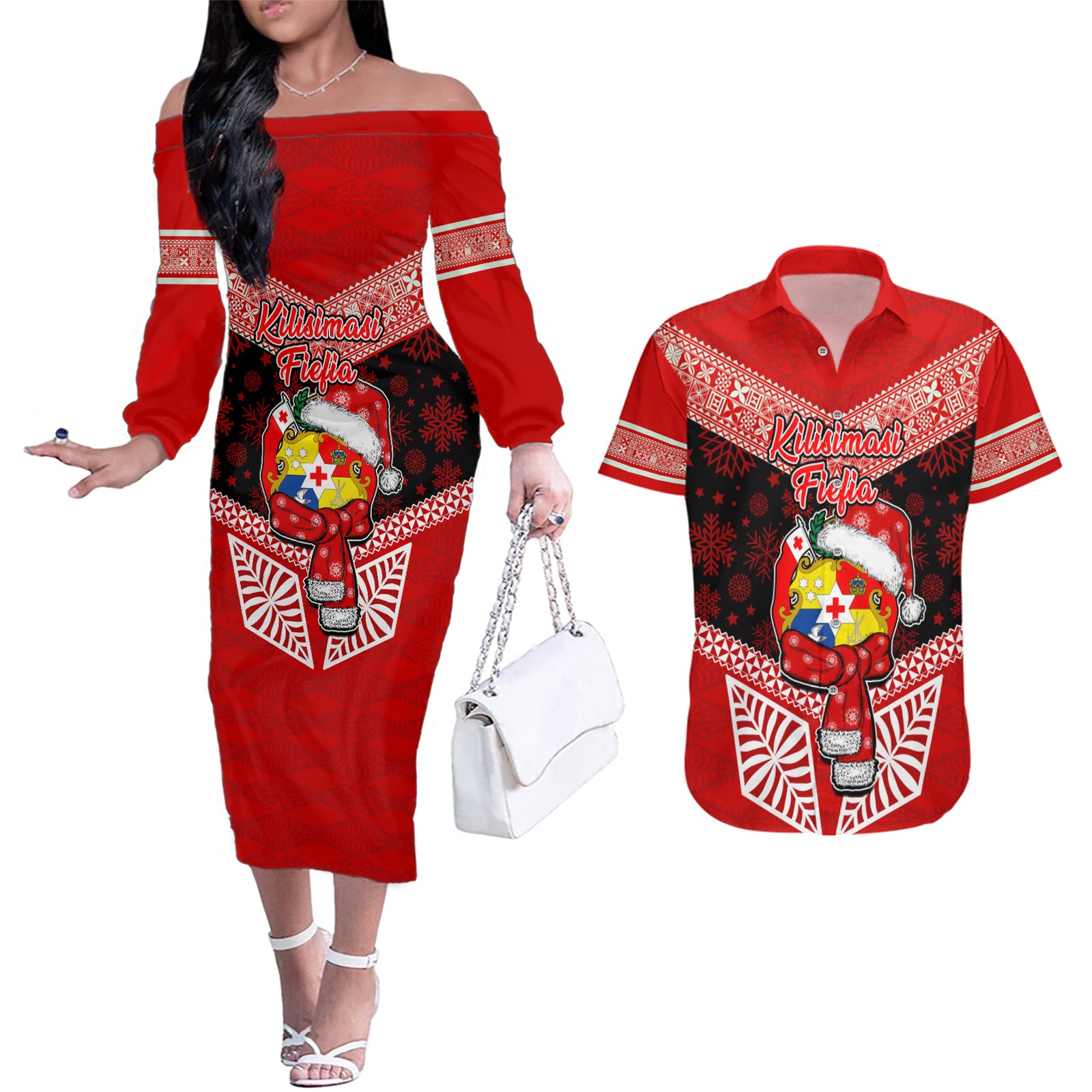 Tonga Christmas Couples Matching Off The Shoulder Long Sleeve Dress and Hawaiian Shirt Tongan Coat of Arms Santa With Ngatu Pattern Christmas Red Style LT03 Red - Polynesian Pride