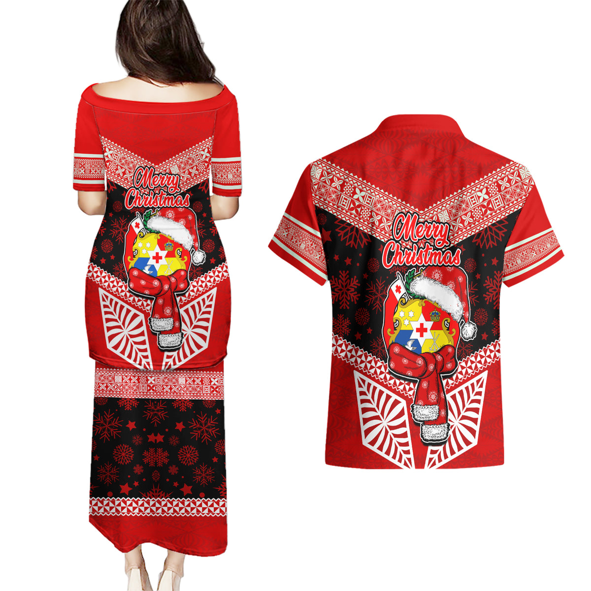 Tonga Christmas Couples Matching Puletasi Dress and Hawaiian Shirt Tongan Coat of Arms Santa With Ngatu Pattern Christmas Red Style LT03 - Polynesian Pride