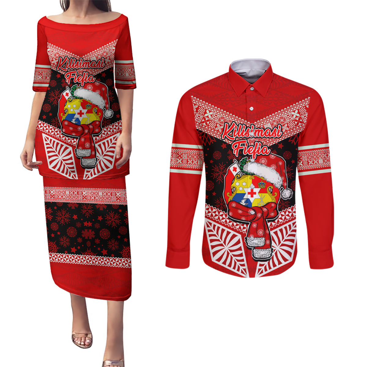 Tonga Christmas Couples Matching Puletasi Dress and Long Sleeve Button Shirts Tongan Coat of Arms Santa With Ngatu Pattern Christmas Red Style LT03 Red - Polynesian Pride
