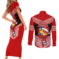 Tonga Christmas Couples Matching Short Sleeve Bodycon Dress and Long Sleeve Button Shirts Tongan Coat of Arms Santa With Ngatu Pattern Christmas Red Style LT03 - Polynesian Pride