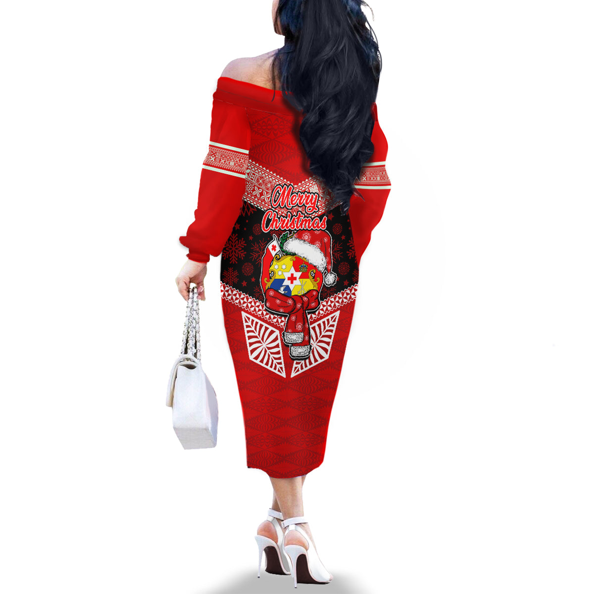 Tonga Christmas Family Matching Off Shoulder Long Sleeve Dress and Hawaiian Shirt Tongan Coat of Arms Santa With Ngatu Pattern Christmas Red Style LT03 - Polynesian Pride