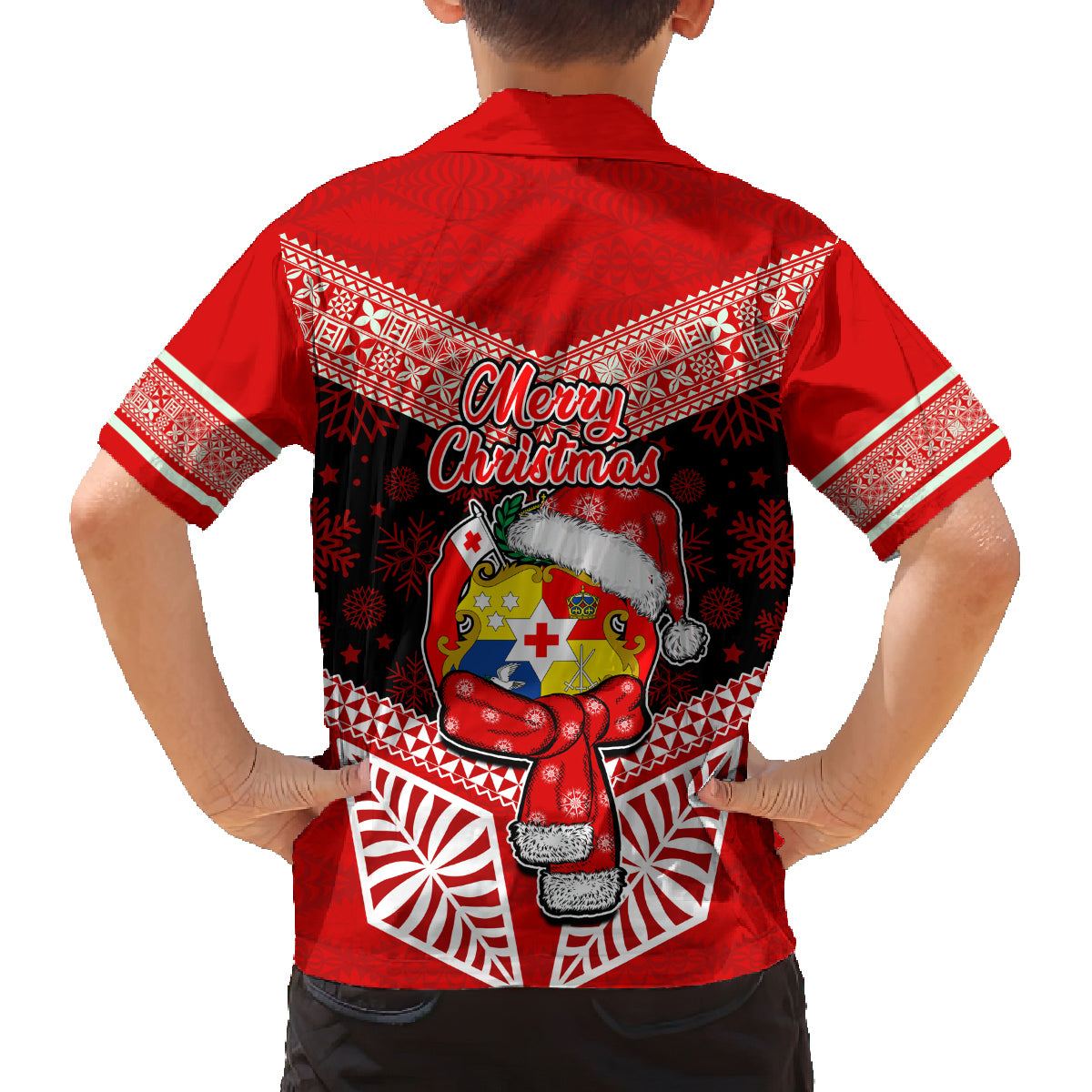 Tonga Christmas Family Matching Puletasi Dress and Hawaiian Shirt Tongan Coat of Arms Santa With Ngatu Pattern Christmas Red Style LT03 - Polynesian Pride