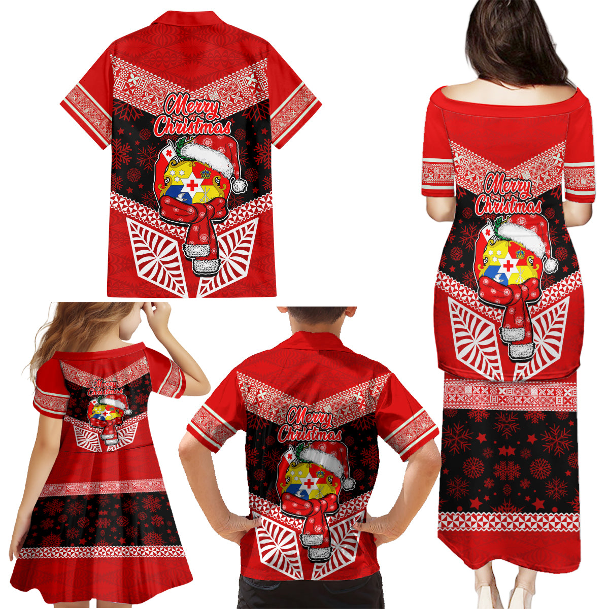 Tonga Christmas Family Matching Puletasi Dress and Hawaiian Shirt Tongan Coat of Arms Santa With Ngatu Pattern Christmas Red Style LT03 - Polynesian Pride