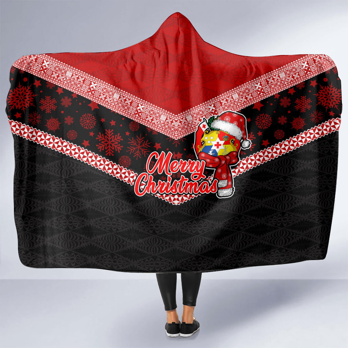 Tonga Christmas Hooded Blanket Tongan Coat of Arms Santa With Ngatu Pattern Christmas Red Style LT03 - Polynesian Pride