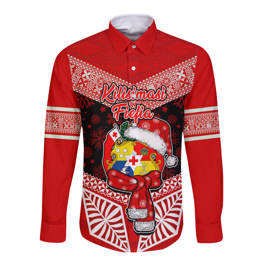 Tonga Christmas Long Sleeve Button Shirt Tongan Coat of Arms Santa With Ngatu Pattern Christmas Red Style LT03 Unisex Red - Polynesian Pride