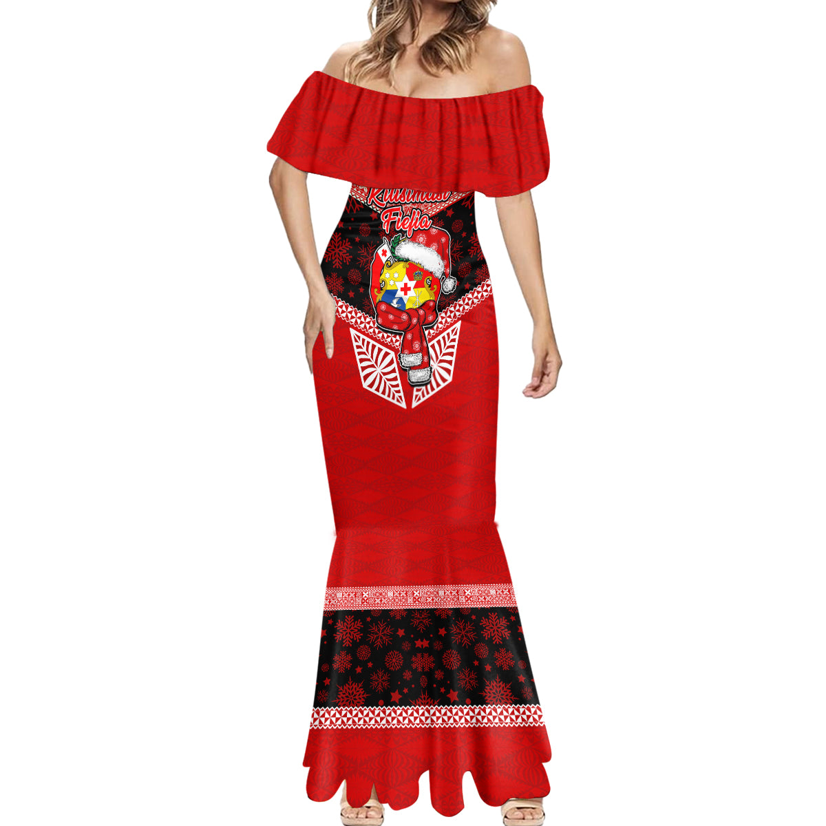 Tonga Christmas Mermaid Dress Tongan Coat of Arms Santa With Ngatu Pattern Christmas Red Style LT03 - Polynesian Pride