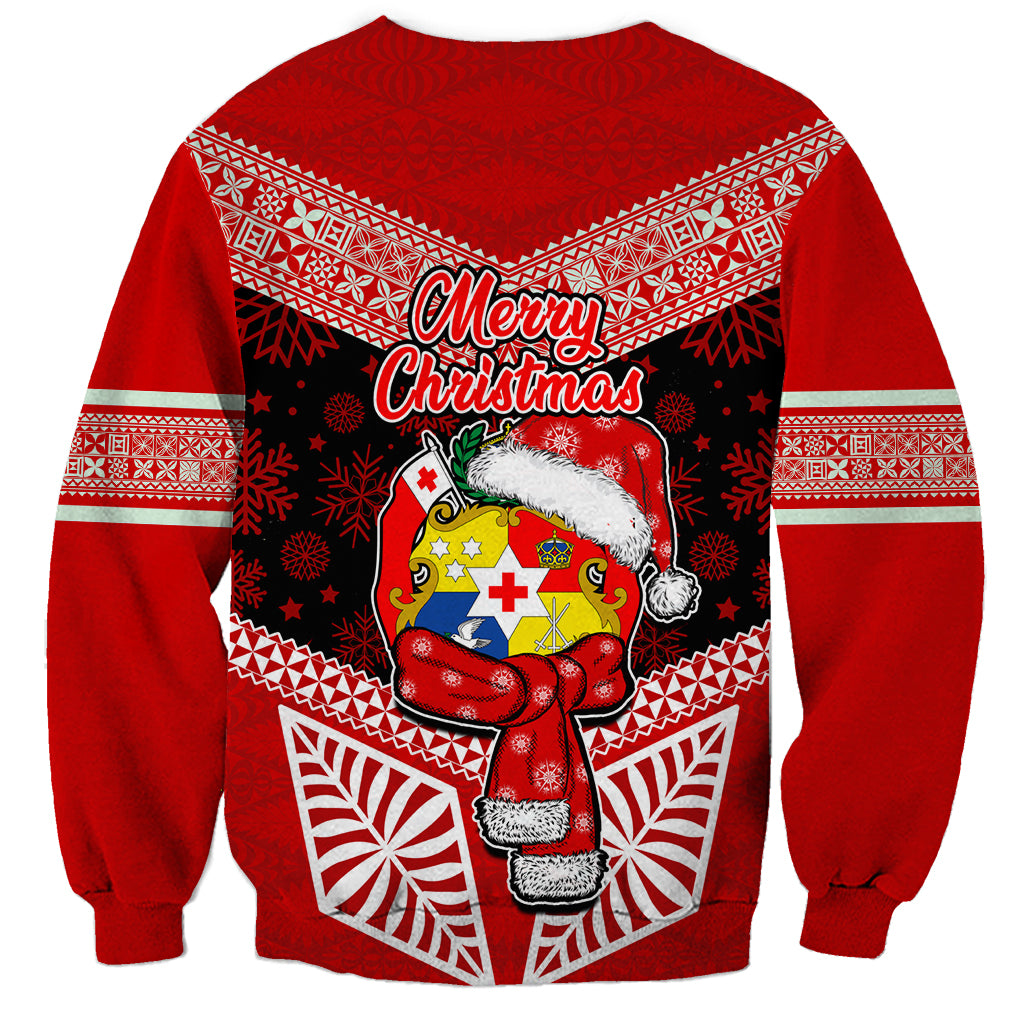 Tonga Christmas Sweatshirt Tongan Coat of Arms Santa With Ngatu Pattern Christmas Red Style LT03 - Polynesian Pride