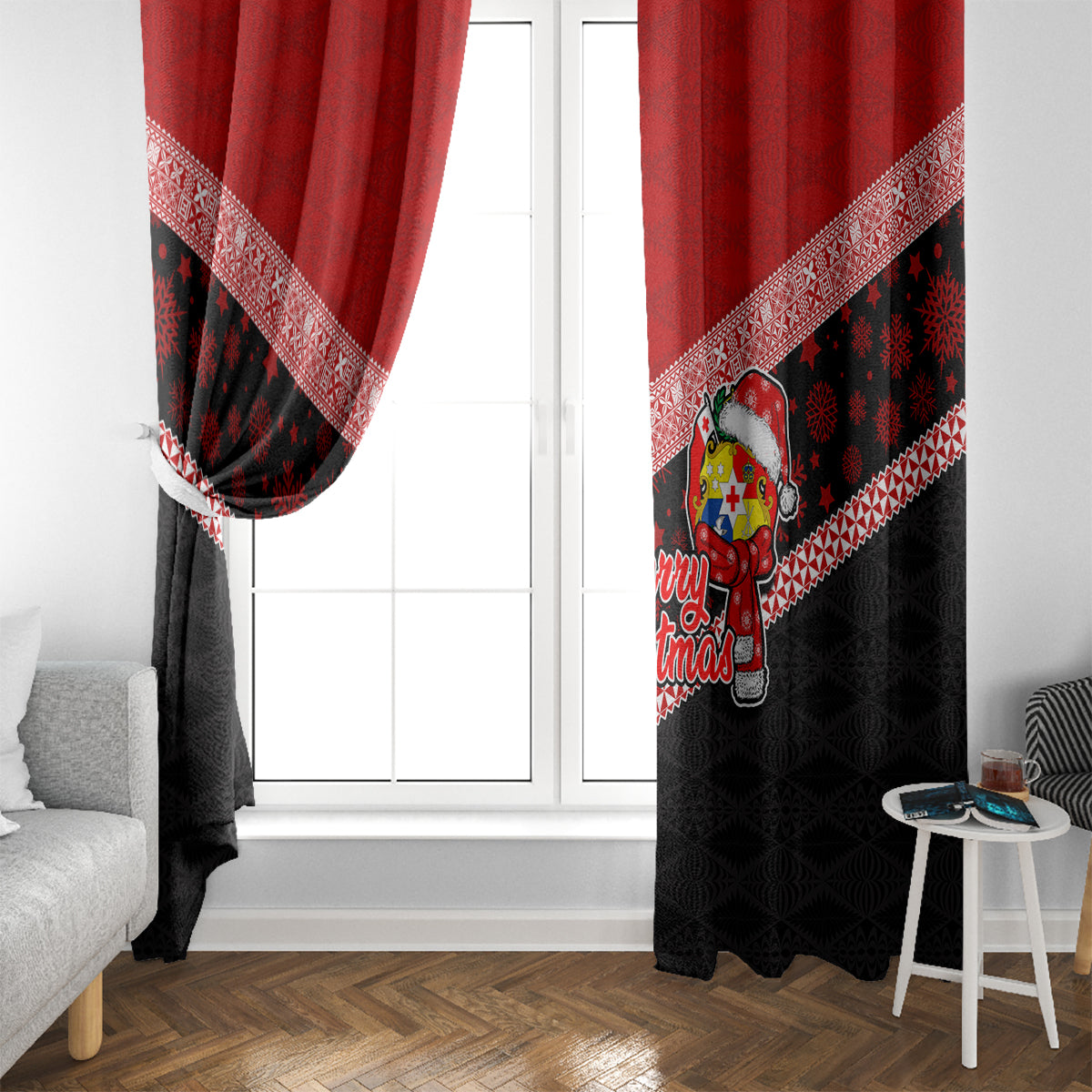 Tonga Christmas Window Curtain Tongan Coat of Arms Santa With Ngatu Pattern Christmas Red Style LT03 - Polynesian Pride